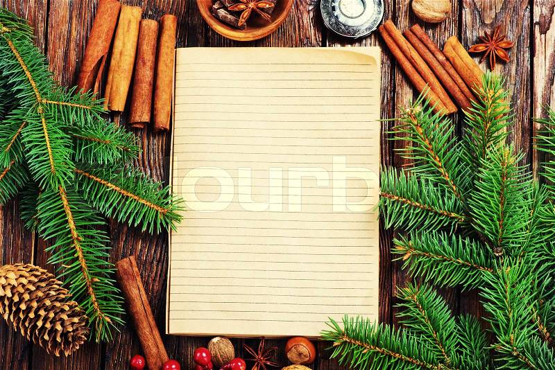 Notebook for recipe or menu and spices, stock photo