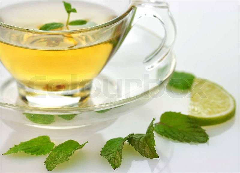 Green tea with lemon and mint, stock photo