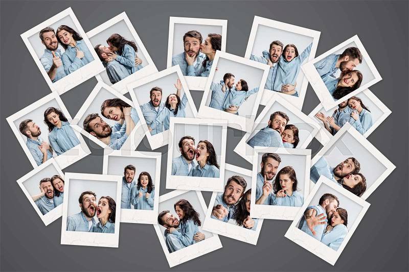 The young couple with different emotions during conflict on gray background. Collage from my images, stock photo