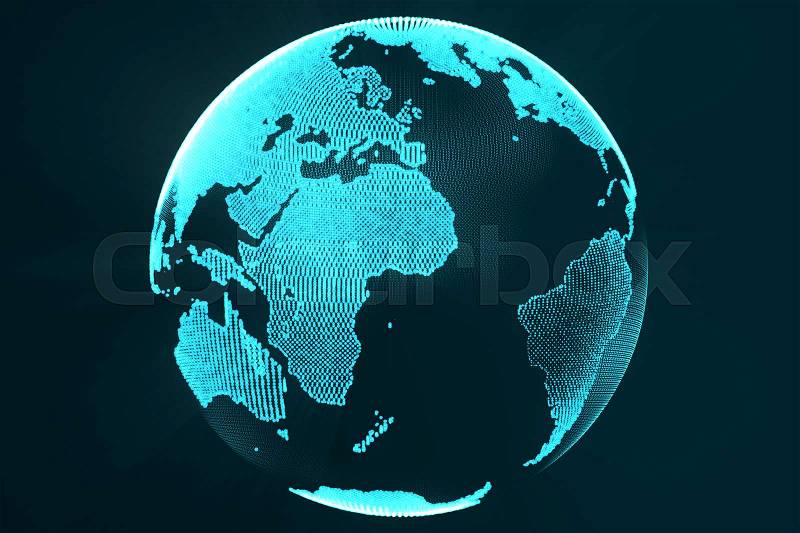 3d rendering digital Earth hologram concept. Technology image of globe blue futuristic color with light rays, stock photo