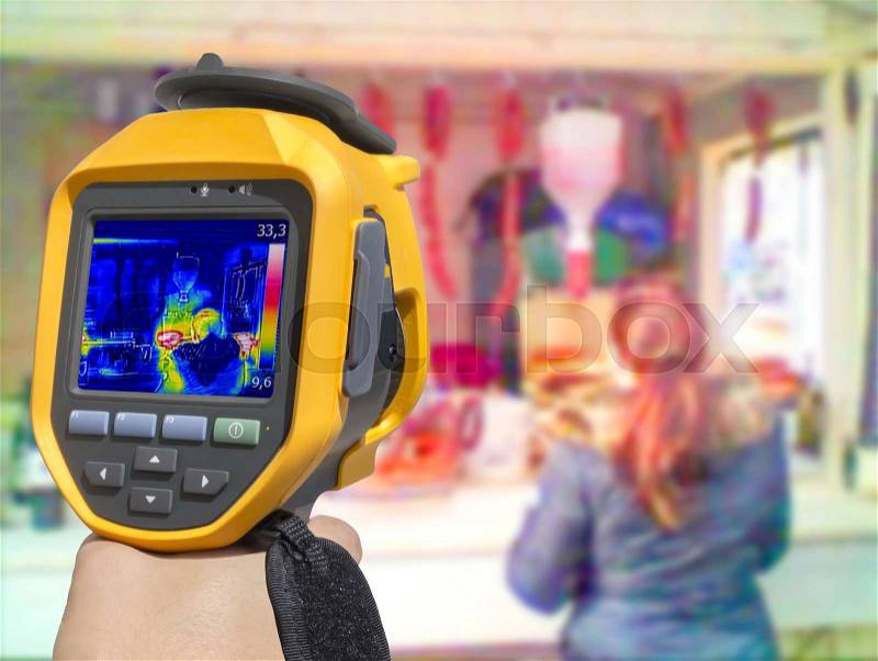 Recording with Thermal camera street stand selling food, stock photo