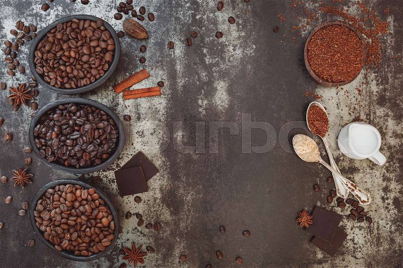 Different type of coffee, chocolate and spices, stock photo