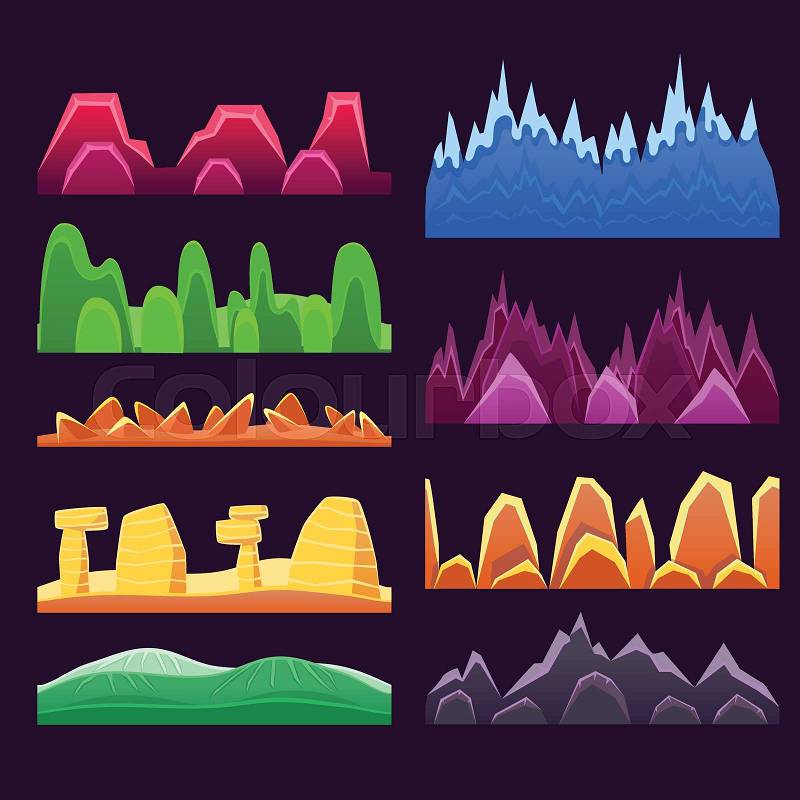 Alien Mountains And Colorful Desert Landscaping Seamless Background Patterns For 2D Platformer Game Design. Set Of Templates For Landscape Creation In Bright Colors Flat Vector Elements, vector