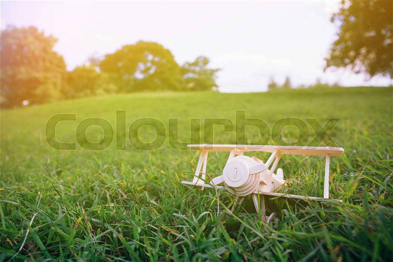 Wooden plane toy on green grass over blue sky with copyspace, stock photo