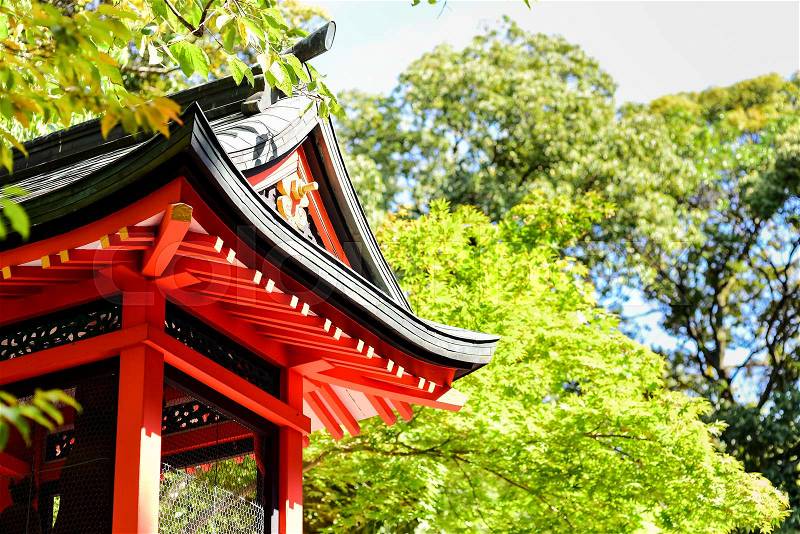 Japanese temple among the green maple trees, stock photo