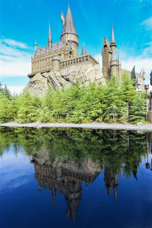 OSAKA, JAPAN - OCTOBER 13, 2016: The Hogwarts castle in The Wizarding World of Harry Potter in Universal Studio Osaka, Japan, was taken on October 13, 2016, stock photo