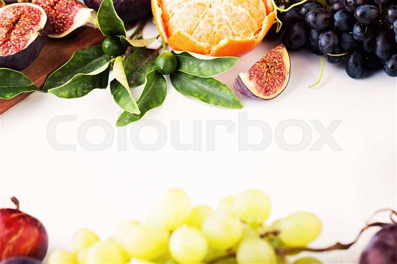 Summer Fruit Border on White Blank Paper Background, stock photo