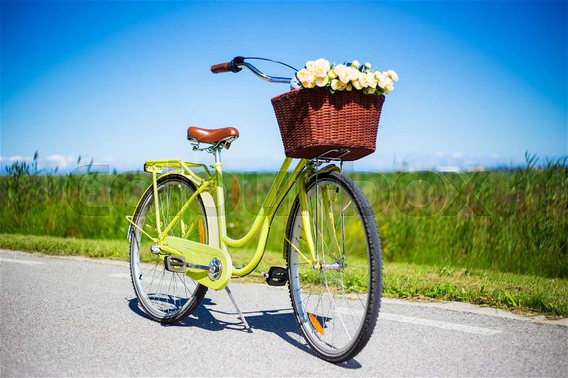 Vintage bicycle with wicker basket and flowers on the road in countryside, stock photo