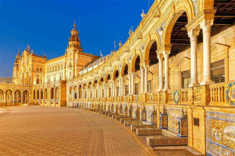 Spanish Square in Sevilla at night. Spain. Andalusia, stock photo