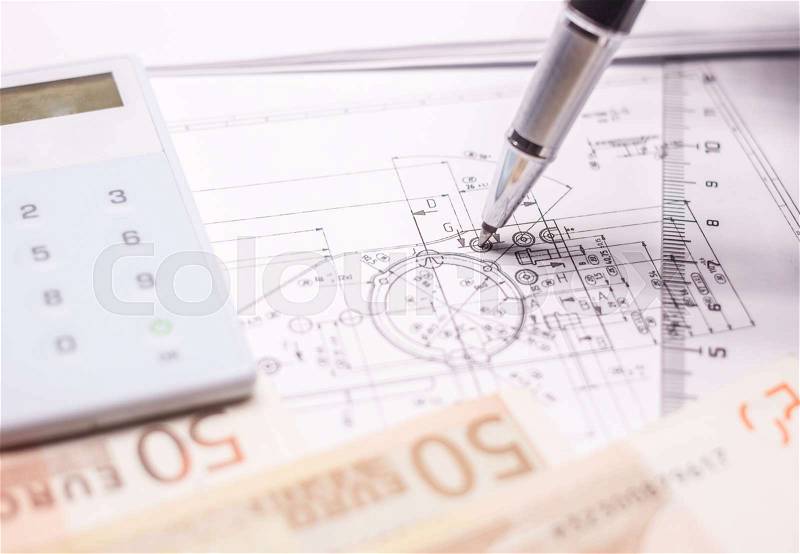 Drawing with marks money and calculator can be background, stock photo