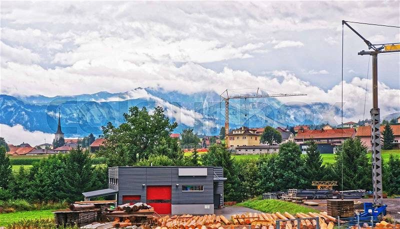 Construction works at Prealps mountains in Gruyere district, Canton Fribourg in Switzerland, stock photo