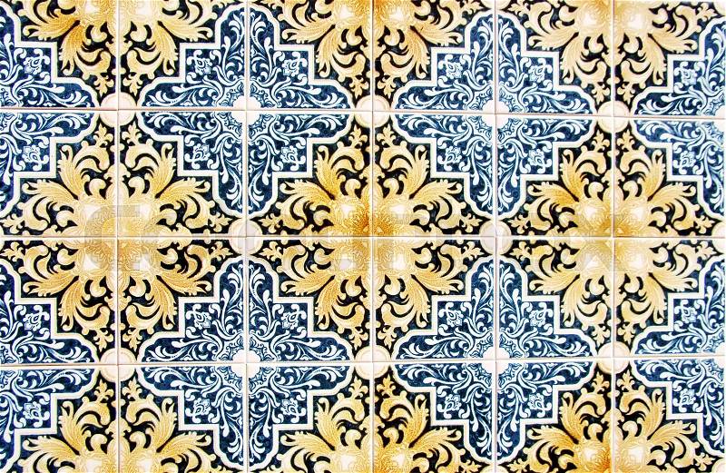 Closeup of Portuguese glazed tiles, stock photo