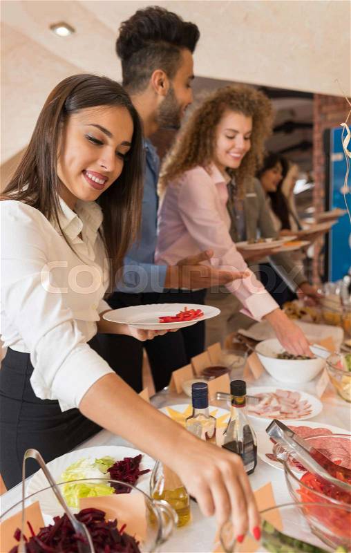 People Group Catering Buffet Food Restaurant Table, Business Banquet At Company Event Celebration, stock photo