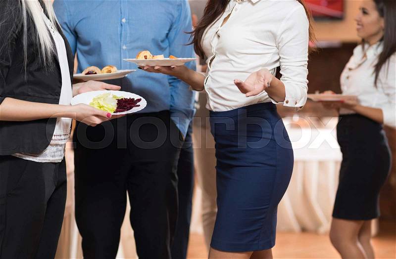 Businesspeople Group Hold Plate Catering Buffet Food Restaurant, Business Banquet At Company Event Celebration, People Team Communication Coffee Break, stock photo