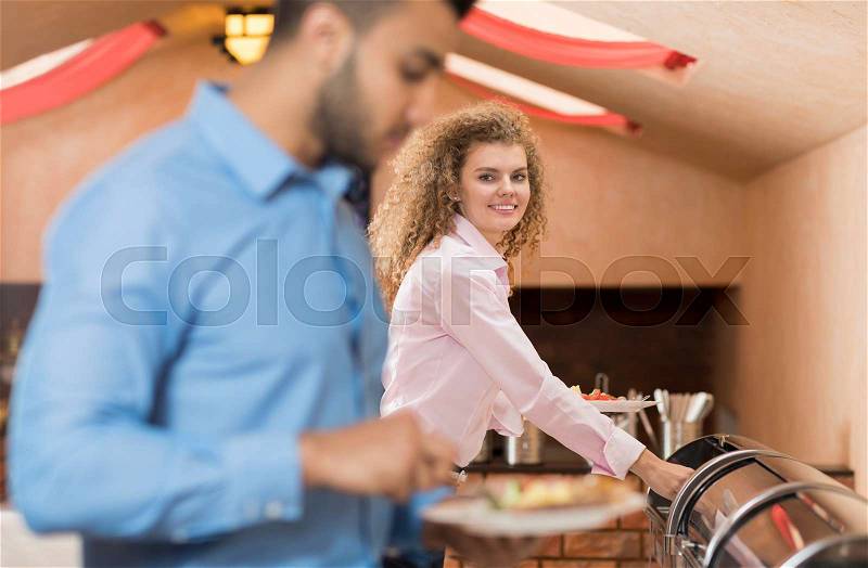 People Group Catering Buffet Food Restaurant Table, Business Banquet At Company Event Celebration, stock photo