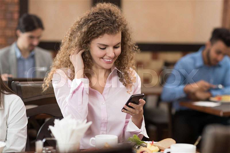 Business Woman Sitting At Table Catering Buffet Food Restaurant, Girl Coffee Break Using Smart Phone Network Communication Online Social Message, stock photo