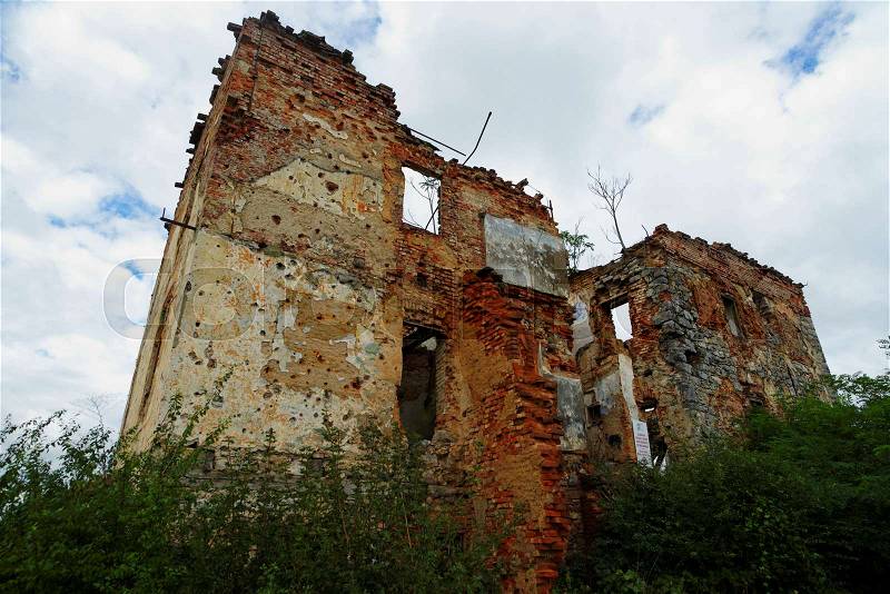 Ruined house in Open air museum of the Croatian War of Independence (1991-1995) in Karlovac, Croatia, stock photo