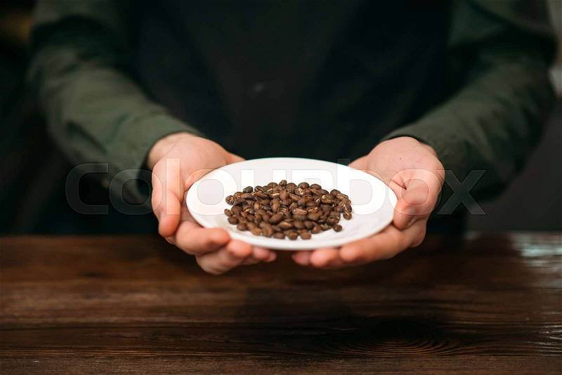 Male hands holds white plate with grain of coffee. Fresh coffee aroma, stock photo