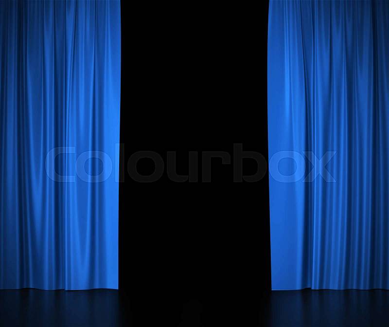Open blue silk curtains for theater and cinema spotlit light in the center. 3d illustration High resolution, stock photo