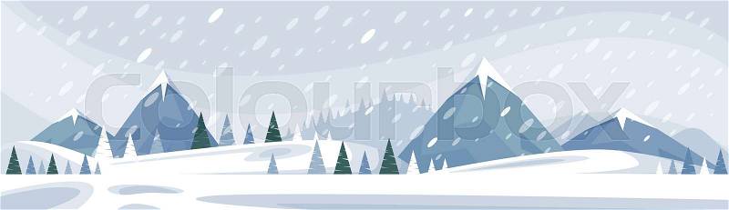 Winter Mountain Landscape White Snow Banner Flat Vector Illustration, vector