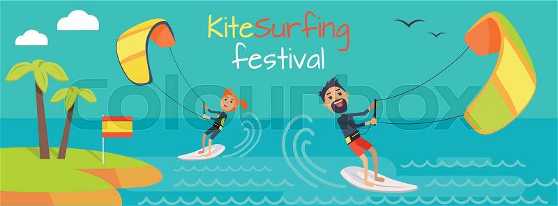 Kite surfing festival. Kitesurfing is style of kiteboarding specific to wave riding, surface water sport combining wakeboarding, windsurfing, surfing, paragliding, skateboarding and gymnastics in one, vector