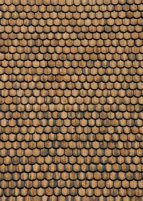 Real wood shingle roof texture surface front view, stock photo