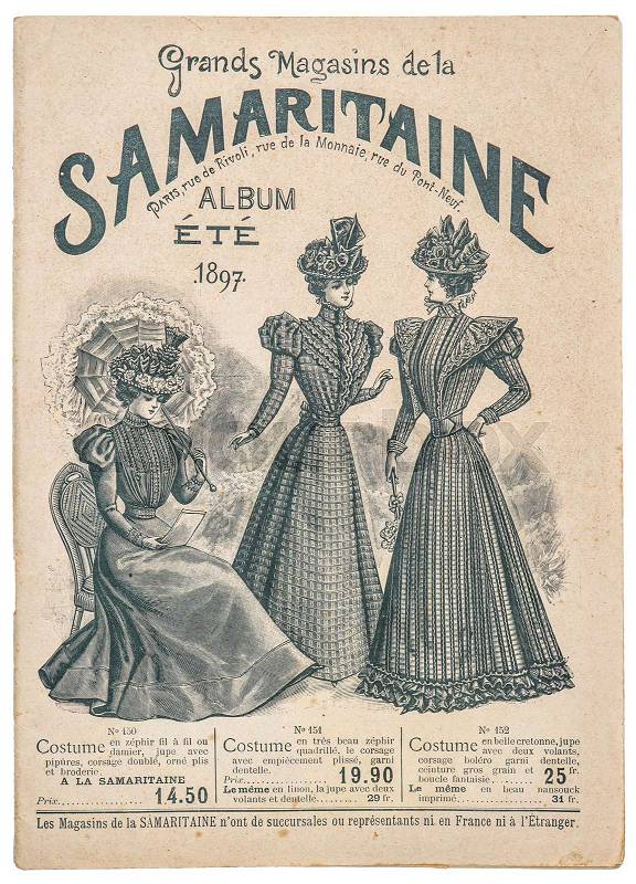 Antique fashion shop advertising, cover of original shopping catalog La Samaritaine, Paris, France, circa 1897, stock photo