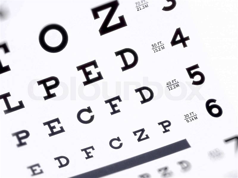 Eye exam chart - conceptual close up, stock photo