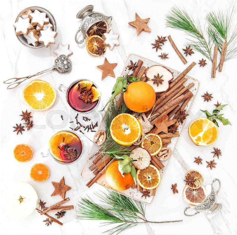 Mulled wine. Hot red punch ingredients fruit and spices. Christmas food and drinks. Flat lay top view, stock photo