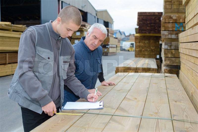 Men with clipboard looking at stack of wood, stock photo