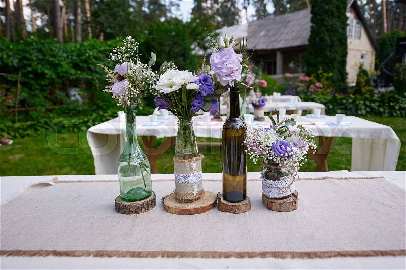 Wedding decorations on a table in the restaurant, stock photo