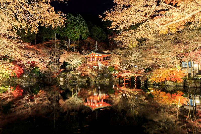 Illuminated Autumn Leaves at road in Daigo-ji Temple, japan, stock photo