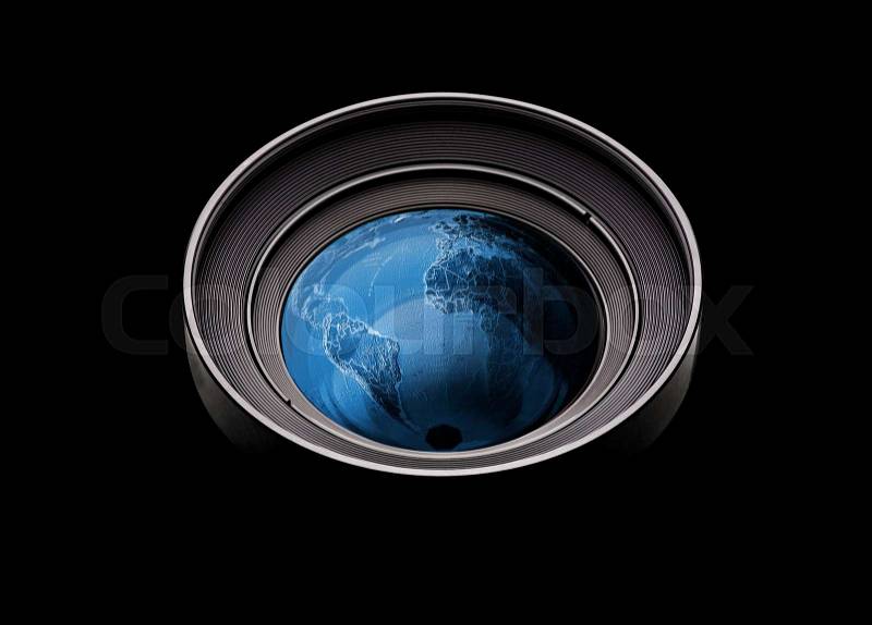 Black camera lens with multicolored planeth earth, stock photo