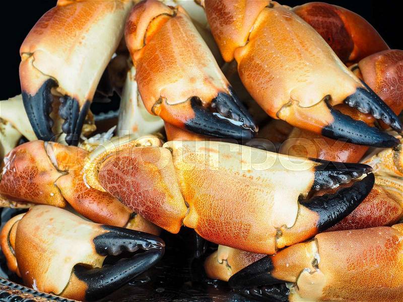 Pile of orange boiled with black tip, crab claws, at closeup, stock photo