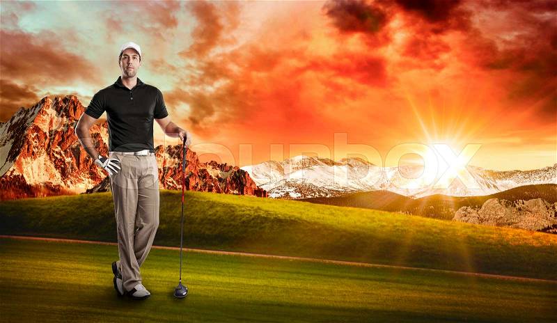 Golf Player in a black shirt standing on a golf course, stock photo