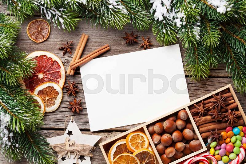 Christmas food decor and greeting card. Xmas cooking table. Top view with copy space for your greetings, stock photo
