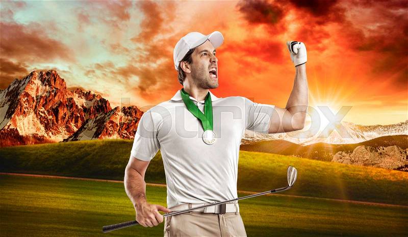 Golf Player in a white shirt celebrating with a golden medal, on a golf course, stock photo