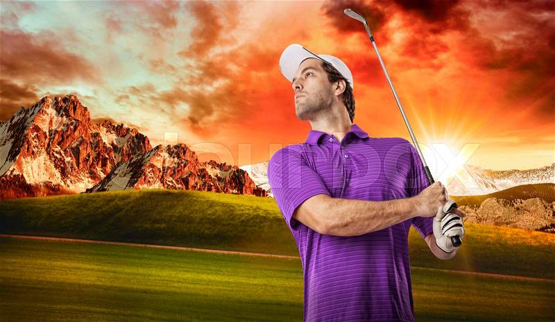 Golf Player in a purple shirt taking a swing, on a golf course, stock photo
