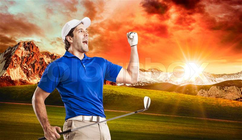 Golf Player in a blue shirt celebrating, on a golf course, stock photo