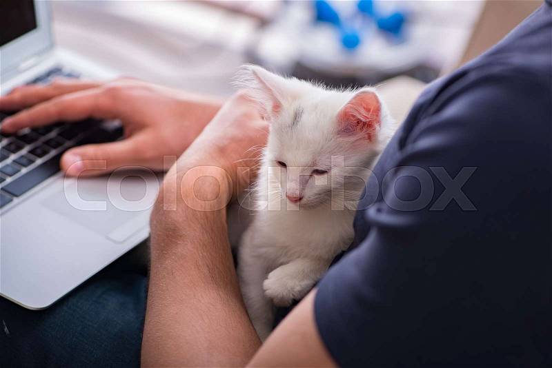 Man working on laptop and playing cat, stock photo