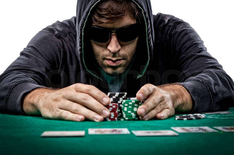 Poker player taking poker chips after winning, , on a white background, stock photo