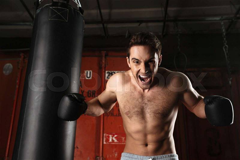 Picture of screaming agressive boxer training in a gym with punchbag. Looking at camera, stock photo