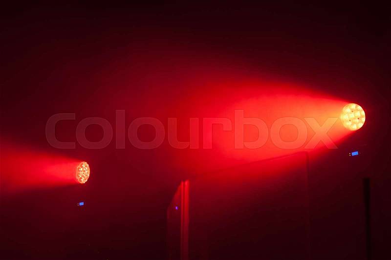 Modern red LED scenic spot lights, stage illumination equipment, stock photo