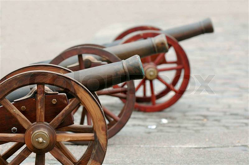 Three cannons are lined up for battle, stock photo