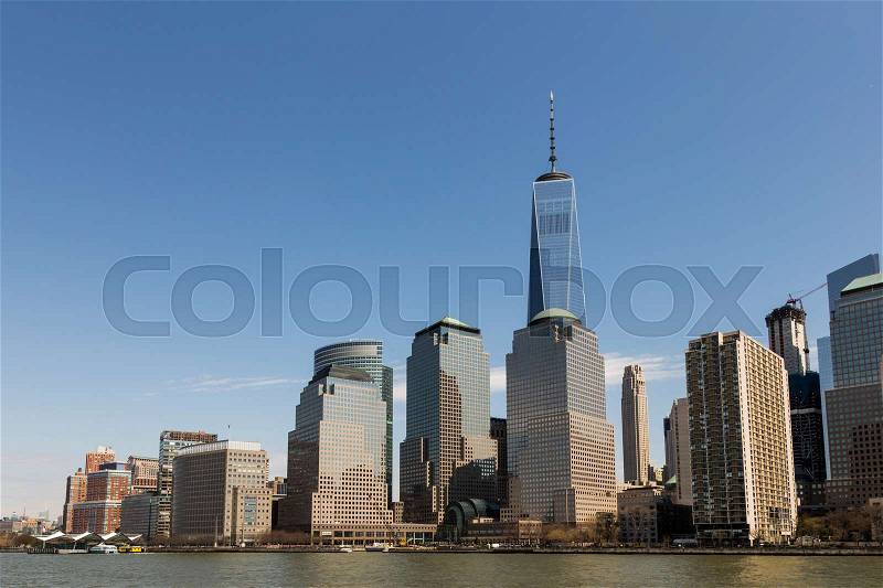 Skyline of lower Manhattan of New York City with World Trade Center, stock photo