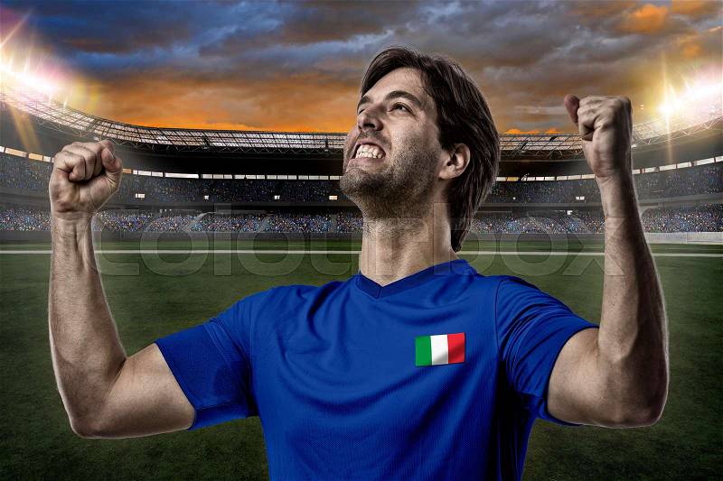 Italian soccer player, celebrating on a stadium., stock photo