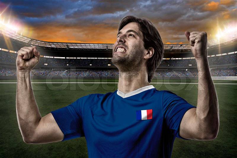 French soccer player, celebrating on a stadium, stock photo