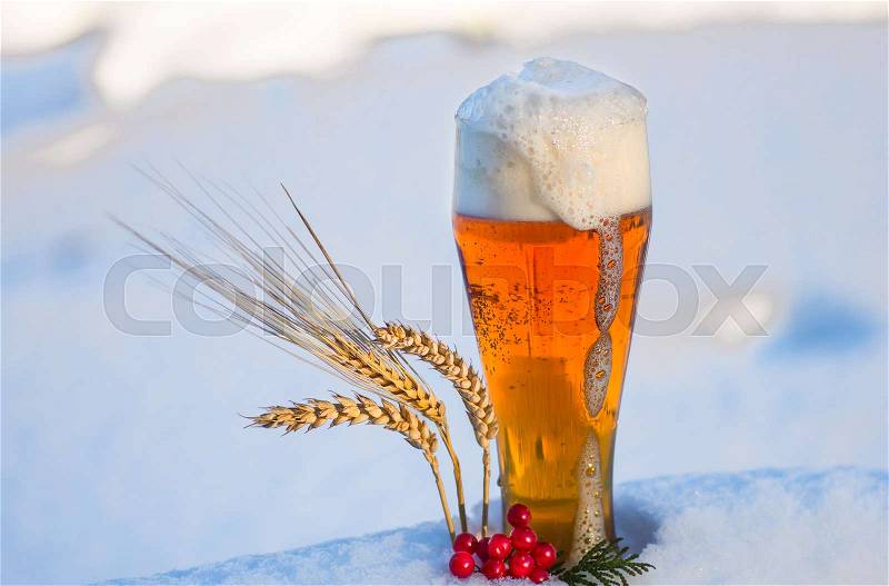Light beer in the snow with ears of wheat. winter background, stock photo