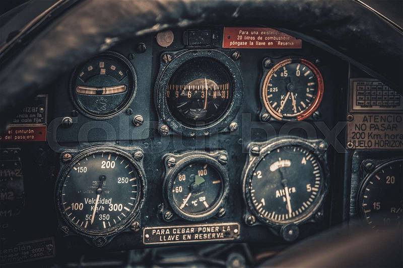 Vintage aircraft cockpit detail. Retro aviation, aircraft instruments, stock photo