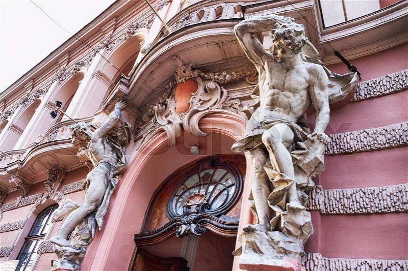 Sculpture at the main entrance to the House of Scientists in Lvov, Ukraine. Former national casino until 1939 built by Fellner and Helmer in the years 1897-1898, stock photo